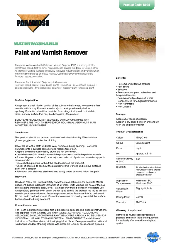 Water-Washable Paint & Varnish Remover Datasheet PDF 